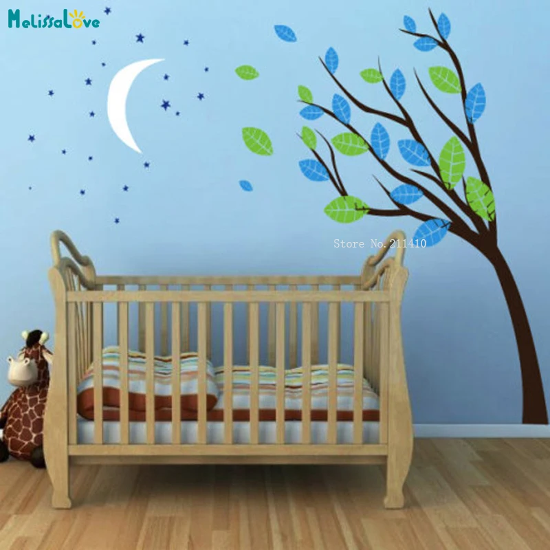 

Children's Tree Wall Sticker Kids Decals Moon And Stars Vinyl Kids Bedroom Self-adhesive Murals Cute Design Gift YT4999