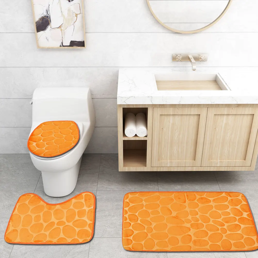 3 Pcs/Set Bathroom Non-slip Mat Toilet Covers 3D Cobblestone Solid Color Bath Floor Mat Home Decorative Bathroom Foot Pad