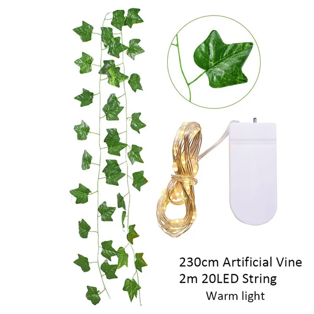 2,3 m Seidenblätter, gefälschte Creeper, grünes Blatt, Efeu-Rebe, 2 m, LED-Lichterkette für Zuhause, Hochzeit, Party, Hängegirlande, künstliche Blume – Detail 19