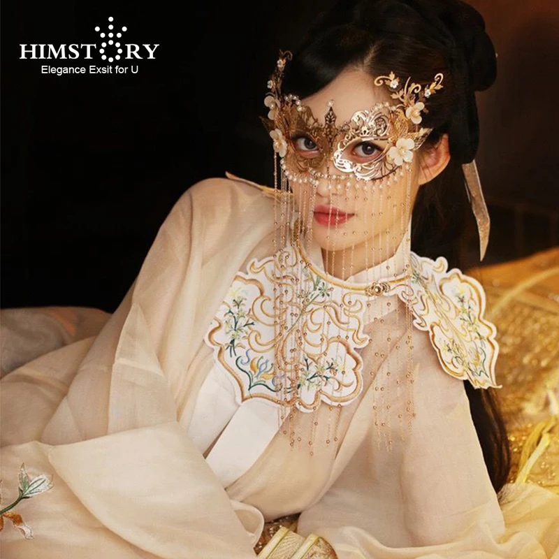 HIMSTORY Vintage Chinese Curtain Facial MAsk Handmade Pearl Long Chain Pearl Tassel Bridal Wedding For Face Jewelry