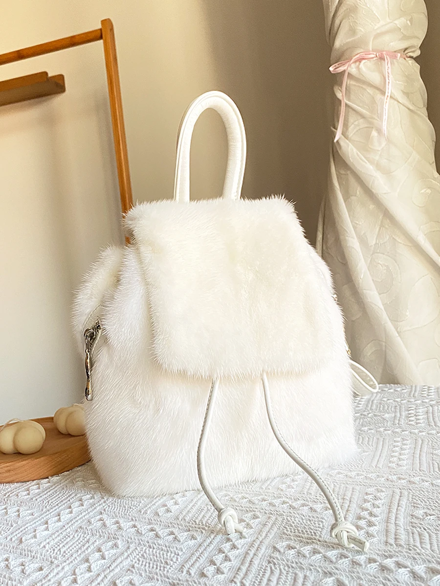 ZDFURS*mported Mink Hair Backpack Cute and Compact Fashion Japan South Korea Solid Color Casual Real Fur Mink Leather Fur Bag