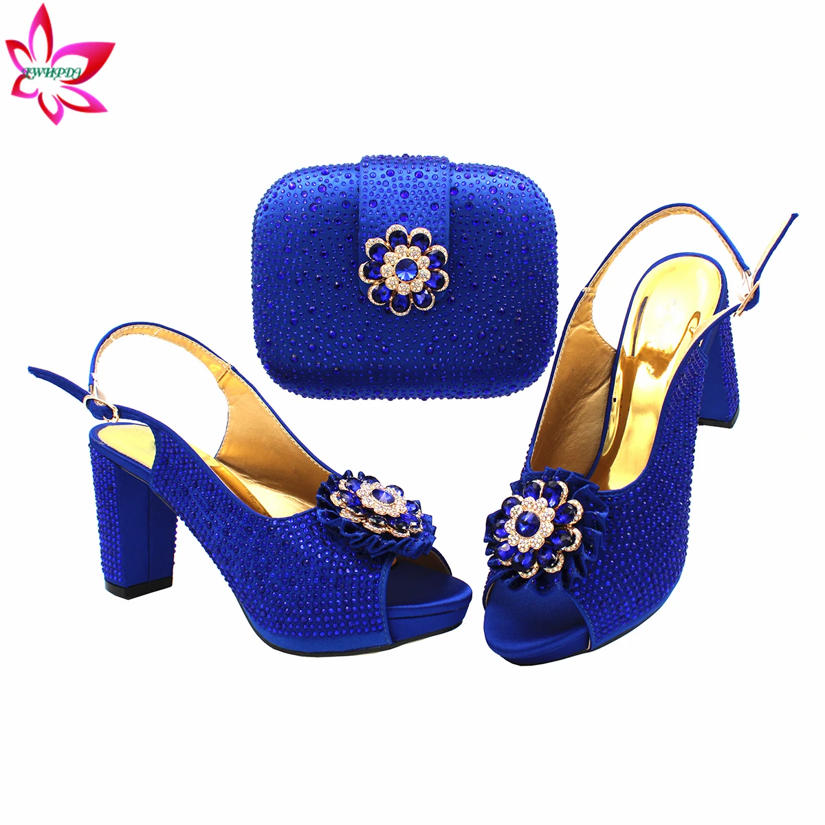 Royal Blue Color New Arrivals Italian Women Shoes Matching Bag Set Decorate with Rhinestone Pumps for Christmas Party