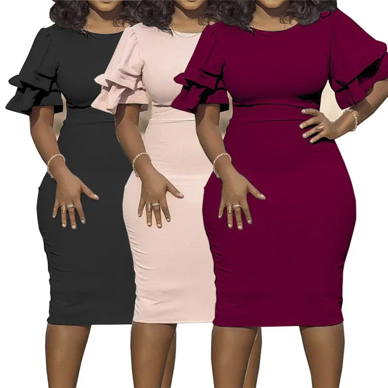 

XL-5XL Dress Women O-Neck lanterm Sleeve Slim Night Solid Party short dress Oversized