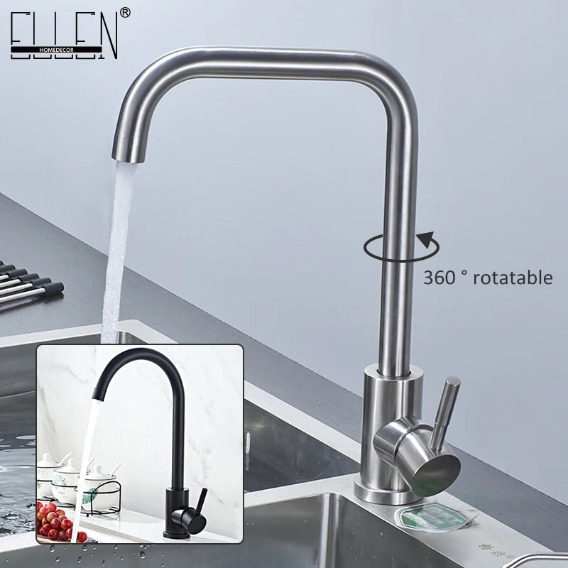 ELLEN Black Kitchen Faucets  Hot Cold Sink Faucet 360 Degree Rotation Stainless Steel Brushed Faucet ELK02