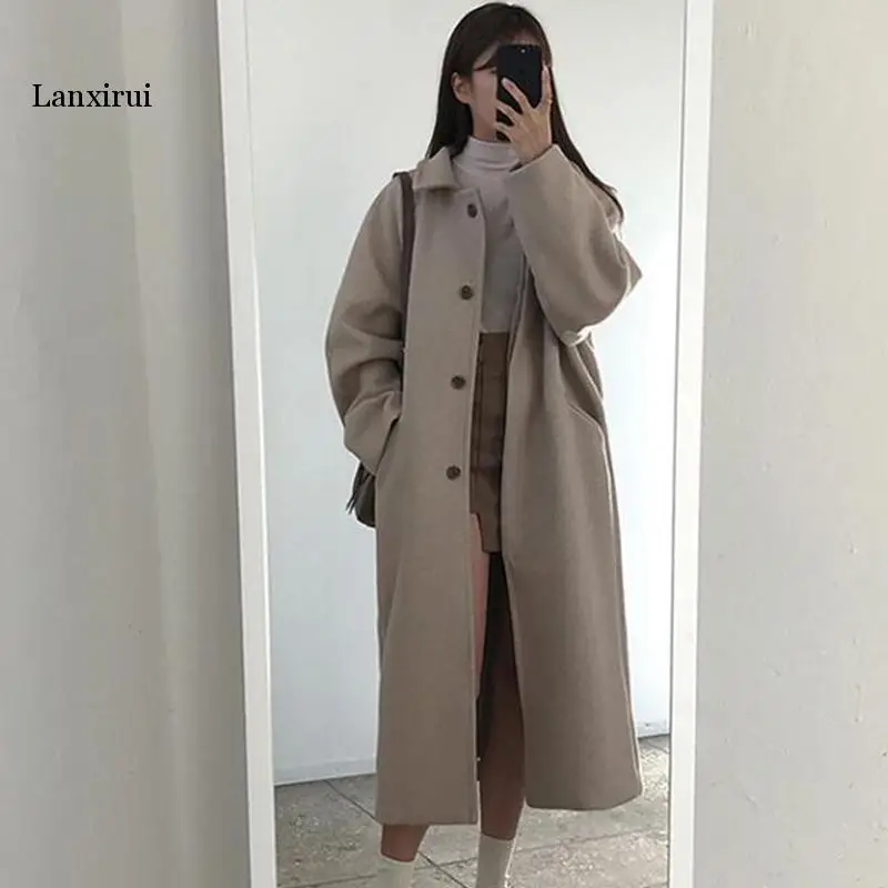 

Korean version Women Woolen Jacket Fashion Winter New Medium Long Solid Color Female Elegant Loose coat