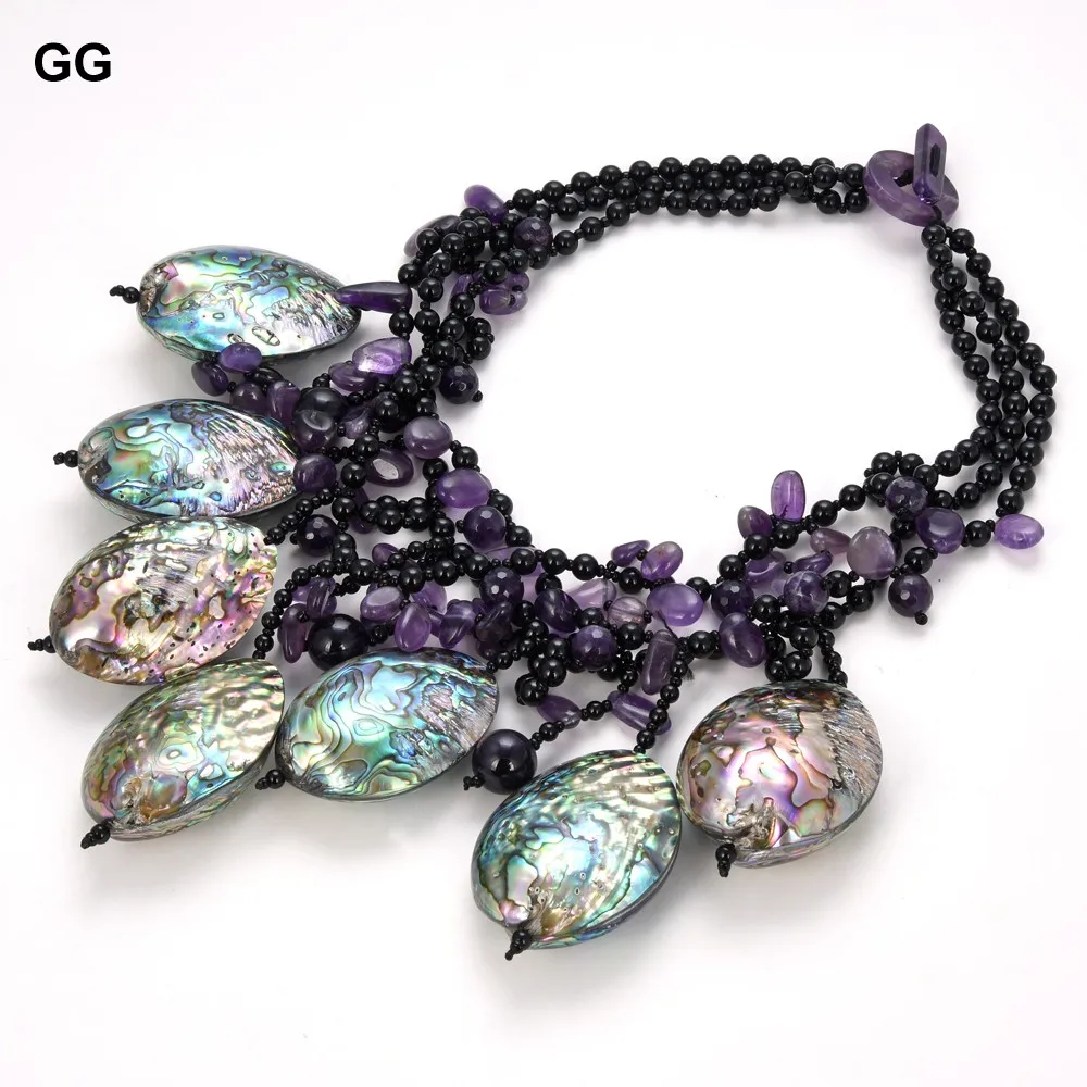 

GuaiGuai Jewelry 18" 3 Strands Black Onyx Natural Faceted Amethyst Gems Stone Abalone Shell Necklace