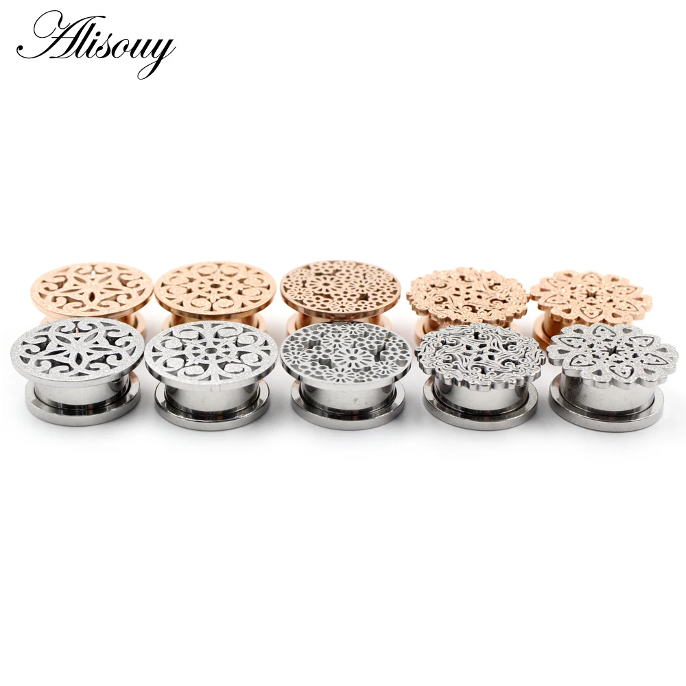 Alisouy 2pcs Hollow Frosted Scrub Flower Stainless Steel Ear Plugs Tunnels Stretchers Gauges Piercing Body Jewelry Ear Expanders