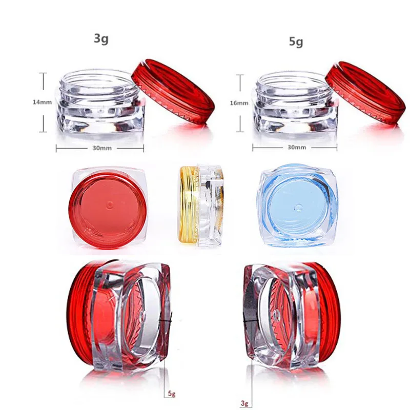 100Pcs 3g 5g Plastic Empty Cosmetic Sample Jar Pot Vials Square Bottom Makeup Container For Face Cream Lip Balm Nail Art Storage