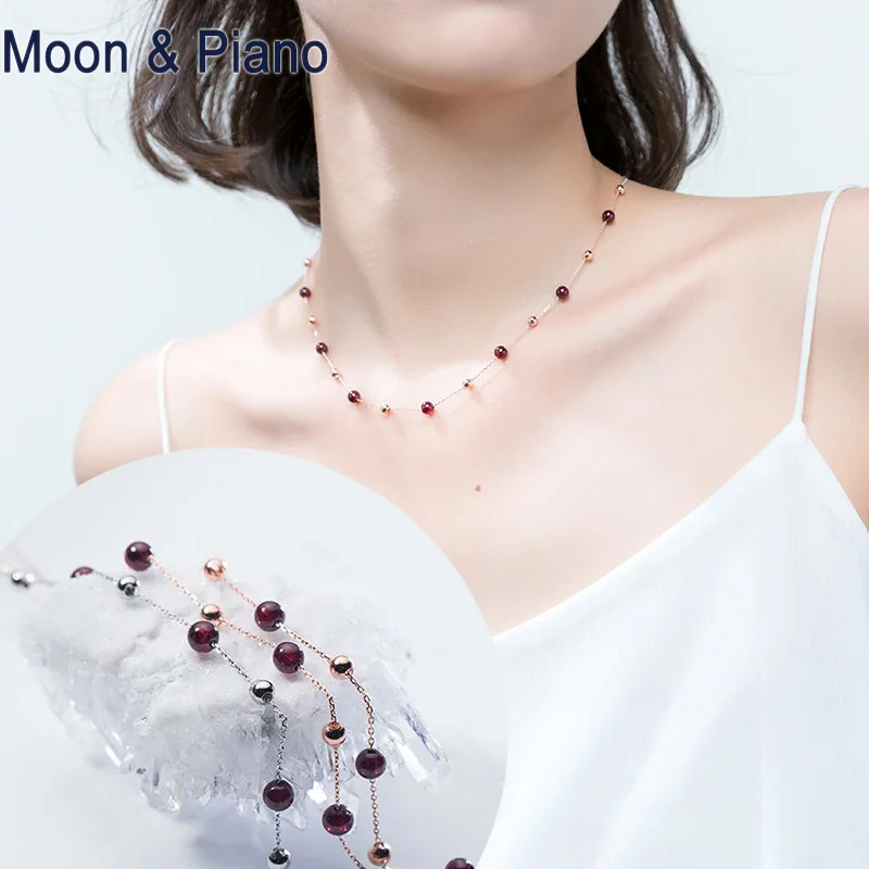 

Garnet Stone Bead Necklace for Women Fashion Simplicity Atmosphere Silver 925 Sterling Fine Jewelry Daily Birthday Party Gifts