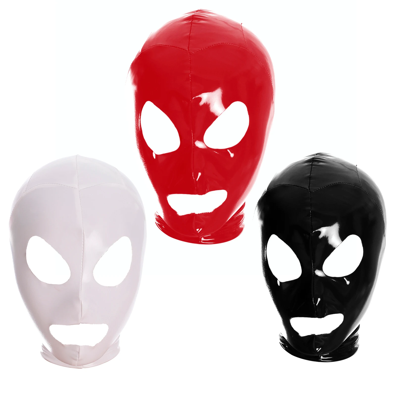 Ftshist Unisex PU Leather Hood Mask Back Zipper Glossy Open Eyes And Mouth Headgear Full Face Mask Role Play Costume Accessory