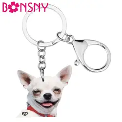 Bonsny Acrylic Sweet Chihuahua Dog Keychains Lovely Pet Animal Keyring Jewelry For Women Kids Men Novelty Gift Purse Accessories