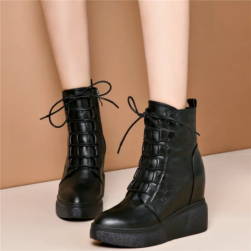 Casual Shoes Women Lace Up Genuine Leather Wedges High Heel Ankle Boots Female Round Toe Fashion Sneakers High Top Pumps Shoes