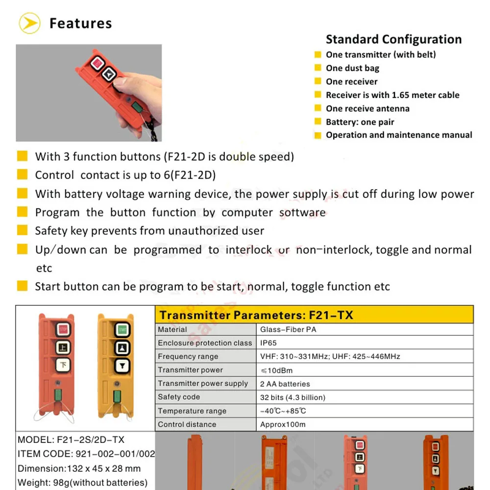 Original TELECRANE Wireless Industrial Remote Controller Electric Hoist Remote Control 2 Transmitter + 1 Receiver F21-2S