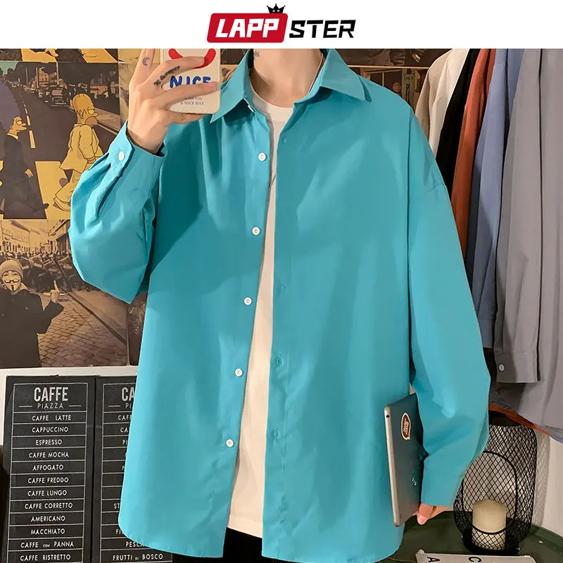 LAPPSTER Men Solid Vintage Long Sleeve Harajuku Shirts 2023 Mens Japanese Streetwear Causal Shirts Man Button Up Oversized Shirt