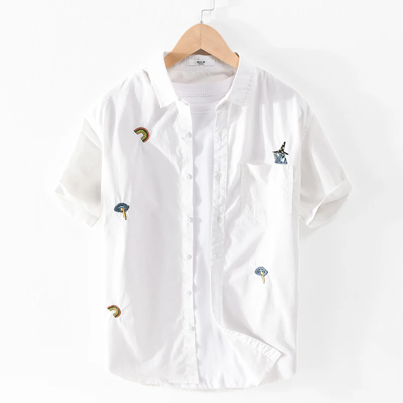 

Embroidered summer short sleeve pure cotton white shirt men fashion comfortable casual shirts men chemise camisa tops mens