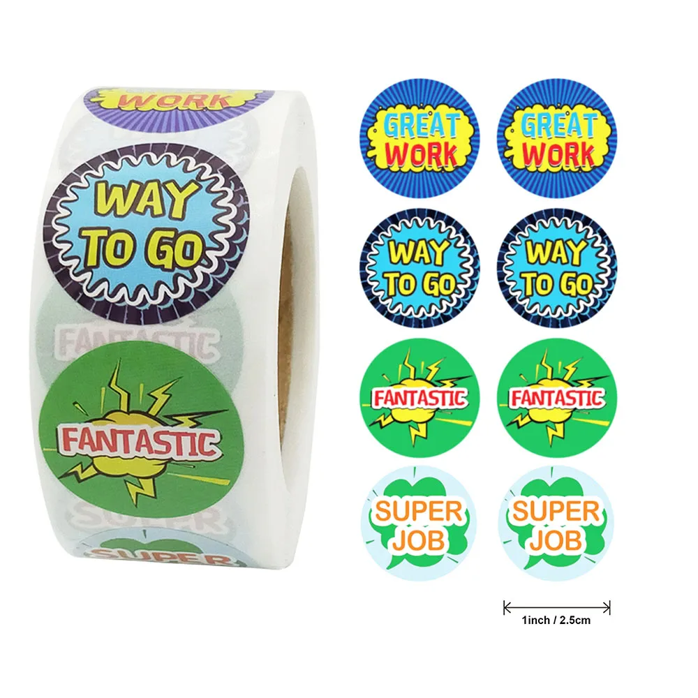 500pcs/roll 2.5cm Cute Round Paper Stickers Kids Reward Great Work/Fantastic/Super Job Motivation Word DIY Decoration Stickers