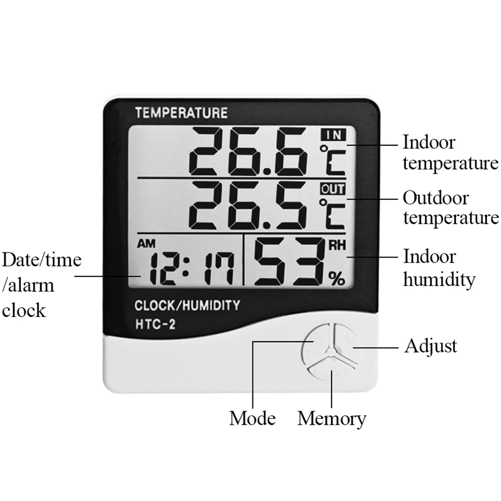 HTC-2 Digital Thermometer Hygrometer Weather Station Temperature Humidity Meter Clock Wall Indoor Outdoor Sensor Probe LCD