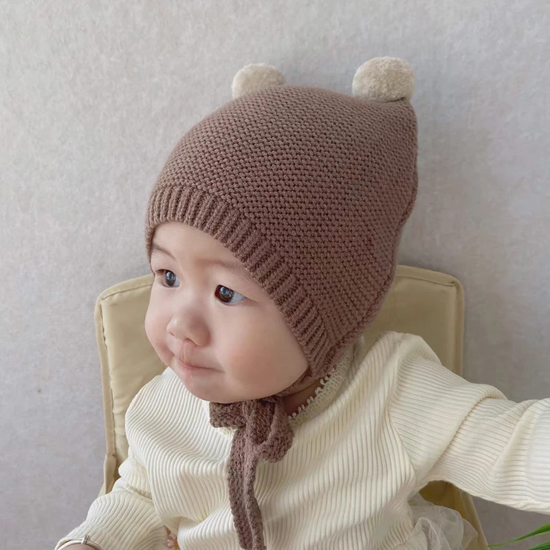 Cartoon Double Pompom Baby Hat Winter Warm Soft Knitted Kids Beanie Hats Solid Color Ear Protection Infant Children Caps