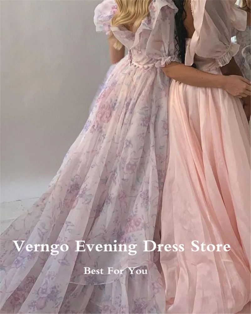 Verngo 2021 Princess Printed Silk Satin A Line Prom Dresses Short Puff Sleeves Sweetheart Slit Ruffles Long Evening Gown