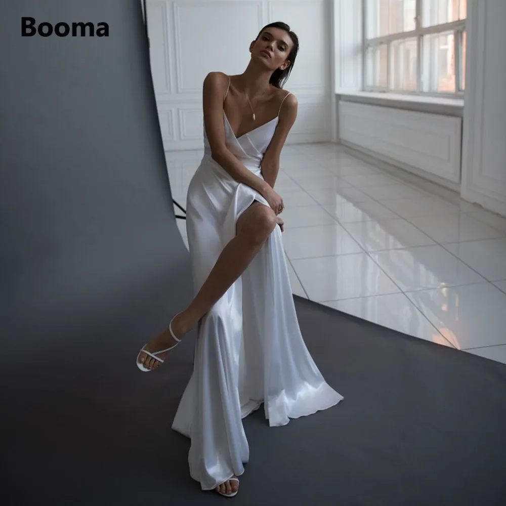 Vestidos de novia blancos simples con cuello en V, Sexy, tirantes finos, abertura lateral hasta el muslo, satén suave, línea A, vestidos de novia