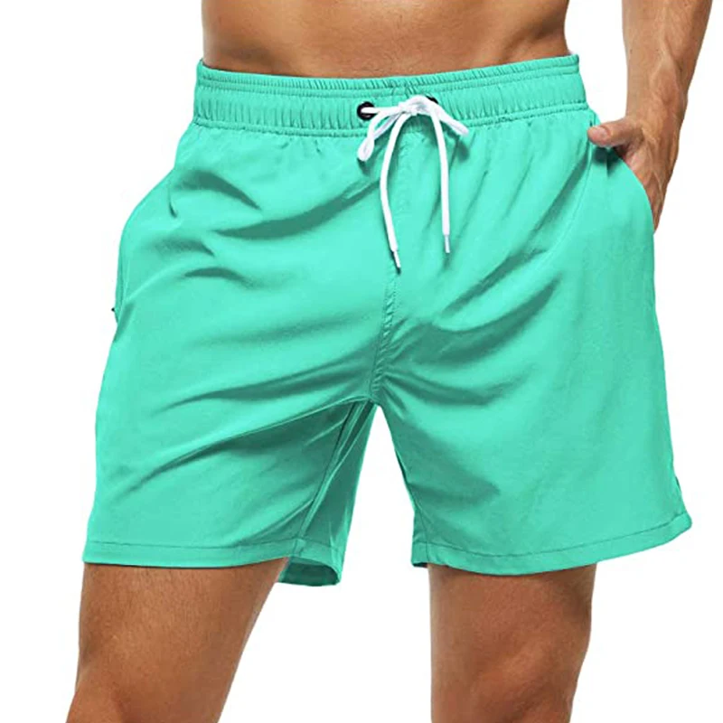 Elastic Closure Men\'s Swim Trunks Quick Dry Beach Shorts with Zipper Pockets and Mesh Lining