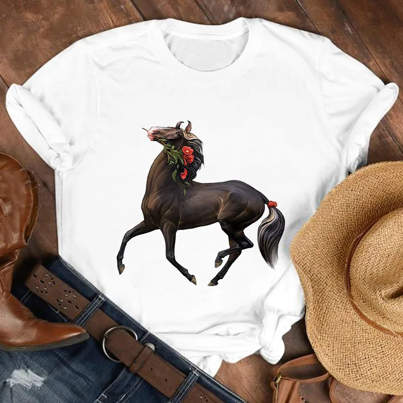 Cartoon Running horse Pattern Womens Tshirt Fashion O-Neck Female T-shirts Basic White T Shirts Summer Top Lady Tee shirt 2021