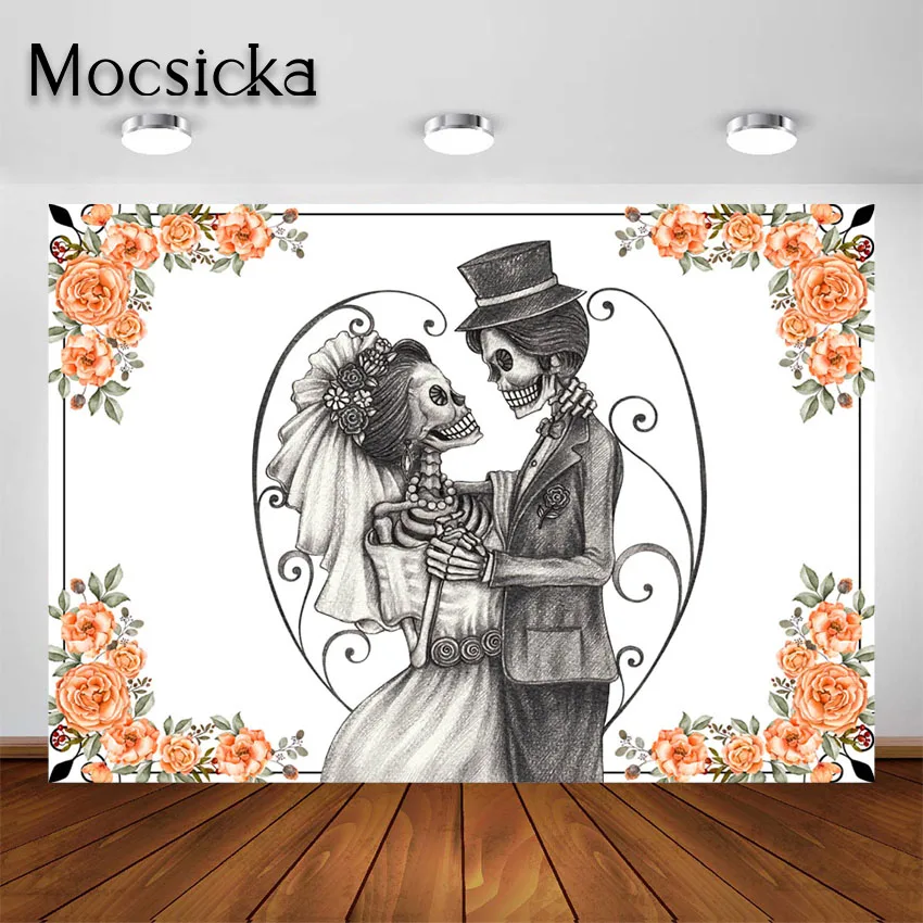 Mocsicka Halloween Until Death Do Us Part Skeleton Wedding Backdrop Skeleton Bride and Groom Day of The Dead Decorations Banner