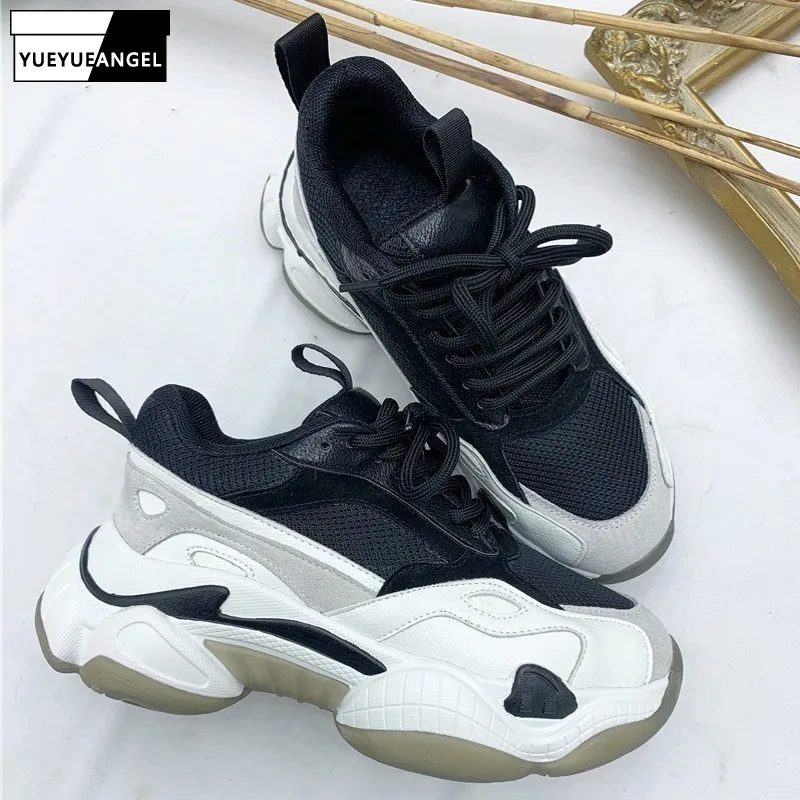 

Fashion Women Thick Platform Shoes Genuine Leather Mesh Patchwork Joggers Sneakers Lace Up Outside Casual Shoes Female Trainers