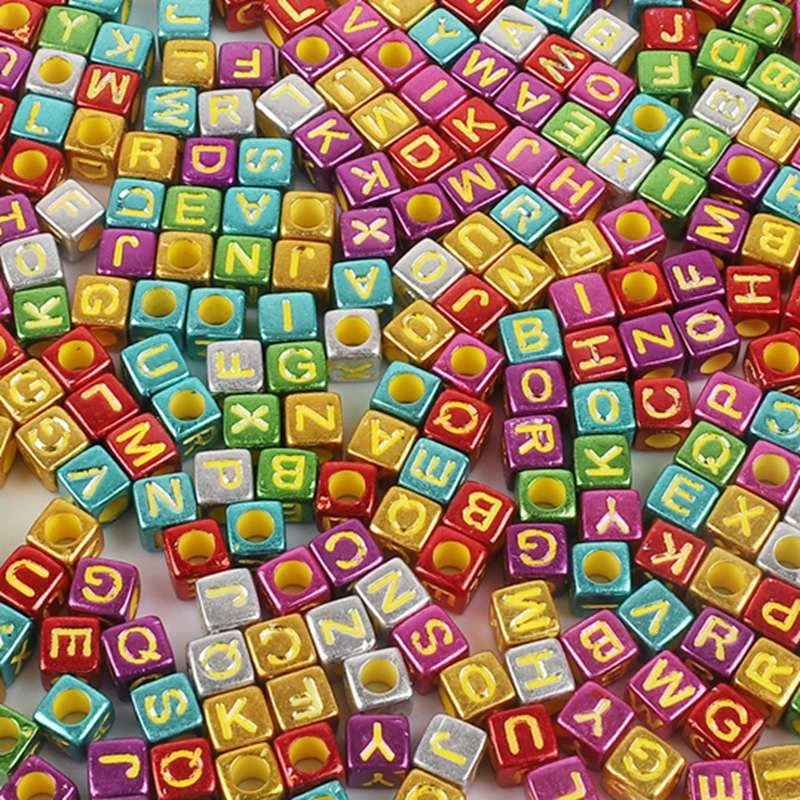 250 Mixed Color Metallic Acrylic Alphabet Letter Cube Pony Beads 6X6mm