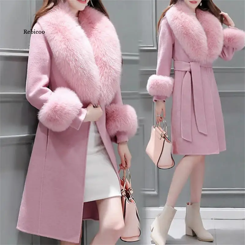 

Woolen Coat Women Winter New Korean Long Slim Show Thin Fur Collar Jacket with Belt Fashion Pink Blend Tops Feminina