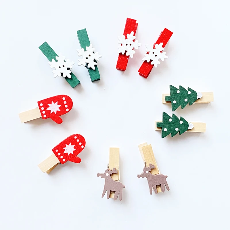 10Pcs Christmas Wood Clips Xmas Tree Snowflake Clothespins DIY Photo Pegs Hanging Clips for Party Favors Home Art Craft Decor