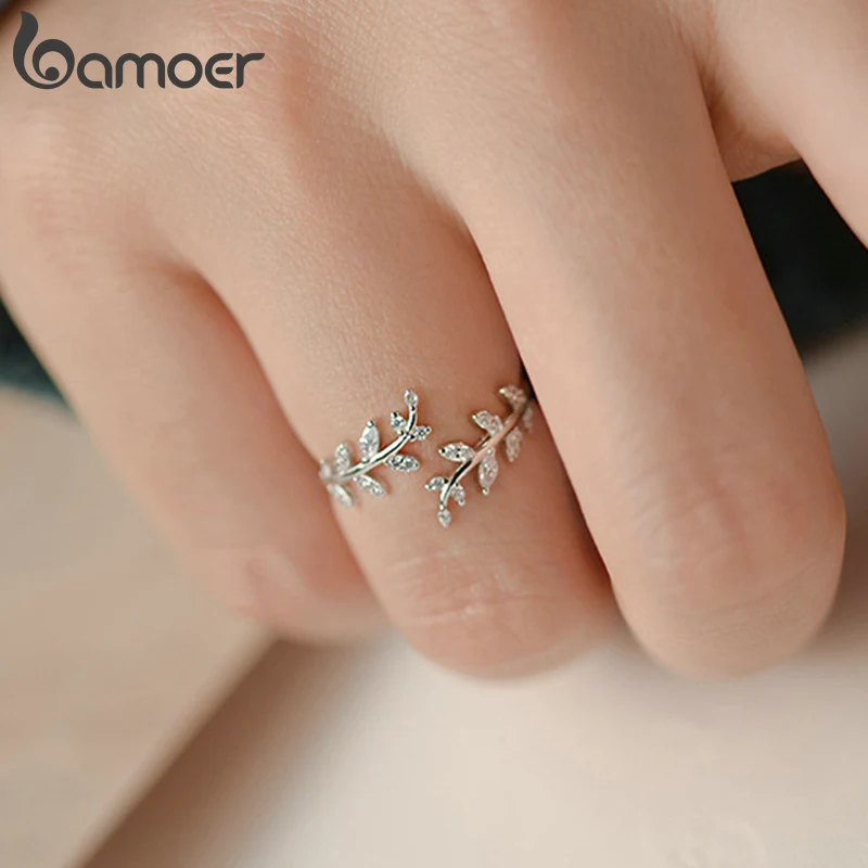 

BAMOER 925 Sterling Silver Leaf Open Ring Plated 14 Gold Zircon Adjustable Ring for Women
