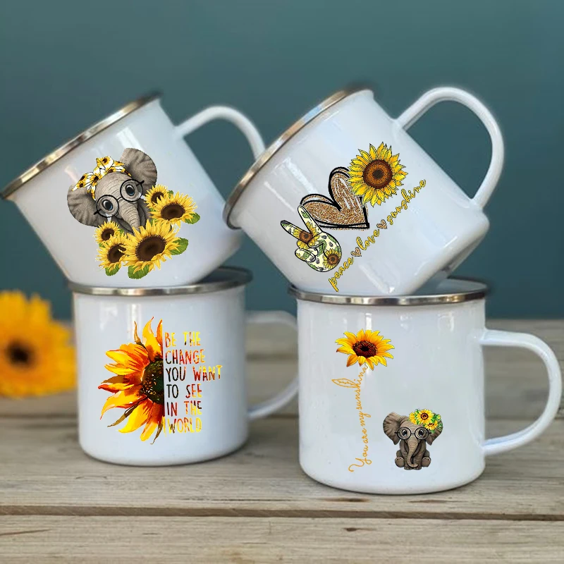 Frieden Liebe Sonnenblume Elefant Druck Tassen Kreative Kaffee Tee Tasse Getränke Wasser Milch Tasse Emaille Becher Vintage Griff Drink Geschenke