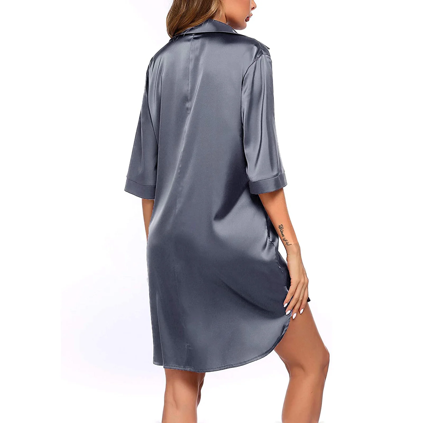 Women Solid Nightgowns Underwear Sleeping Shirt Half Sleeve Loose Nightshirt Side Split Button Down Robe for Home Wear