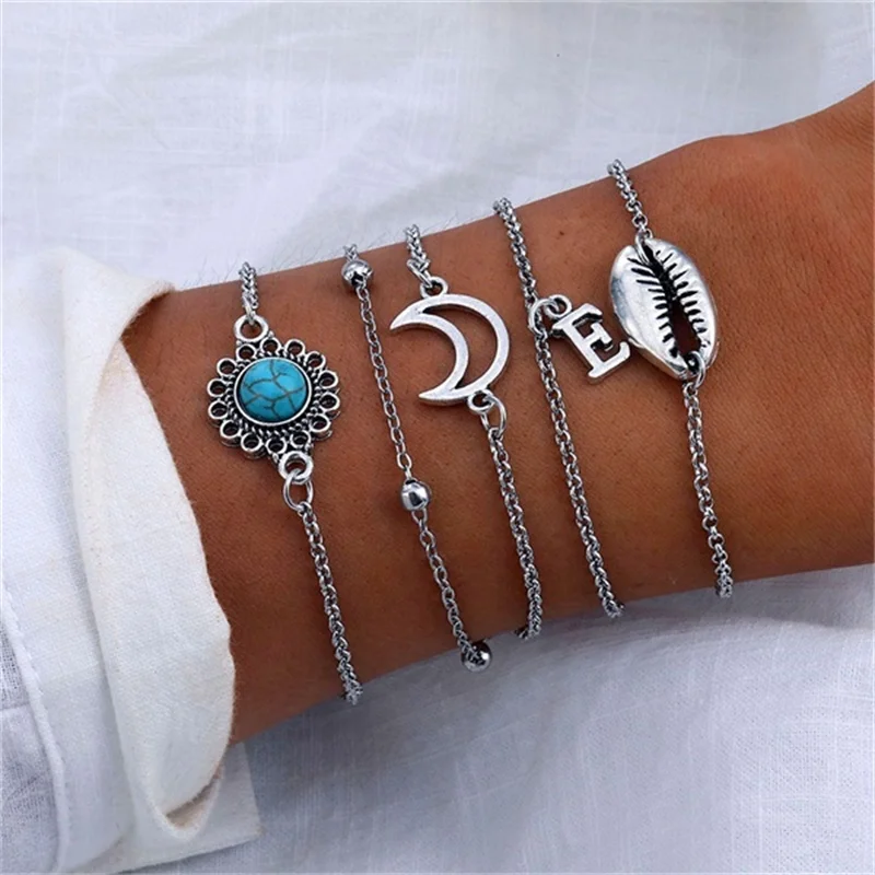 Charm Vintage Moon Tree Metal Bracelet Set for Women Boho Hasma Hand Silver Color Chain Bracelets Bangles Jewelry 2019 New Gifts