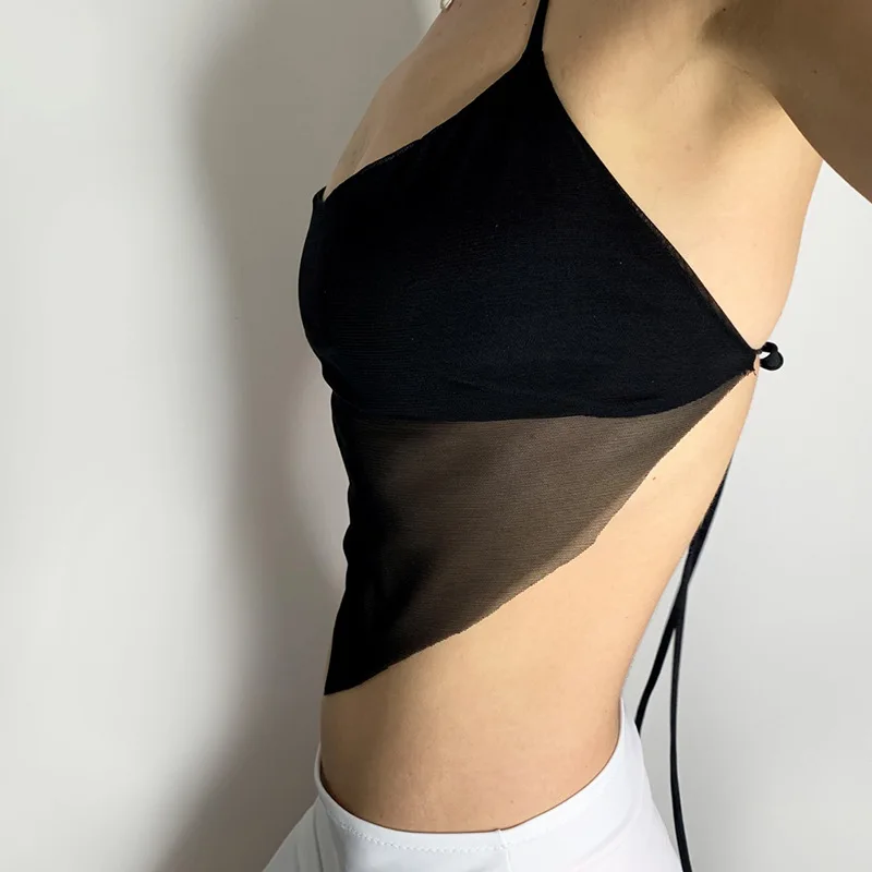 Sexy Transparent y2k Mesh Halter Tops Women V-neck Backless Korean Solid Crop Tops Fashion Korean Camisole 90s Tee Cuteandpsycho