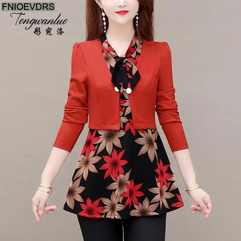 L-5XL 2021 Women Elegant Office Lady Retro Vintage Loose Peplum Bow Tie Top Flower Floral Printing Long Tunic Basic Shirt Blouse