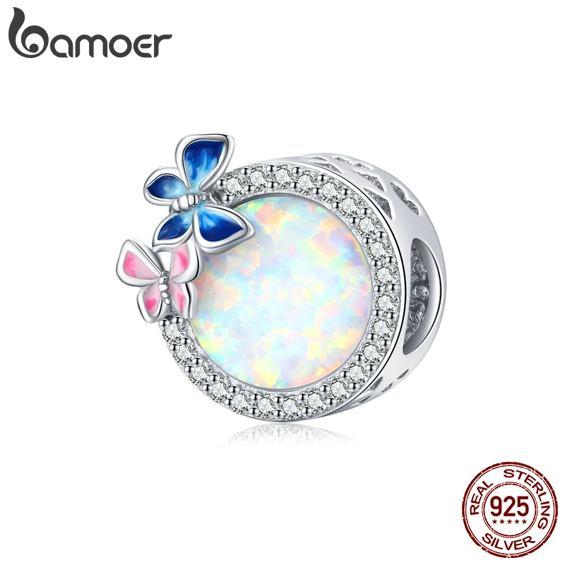 bamoer Opal Rround Bead 925 Sterling Silver Butterly Spring Charm fit Women Charm Bracelets Bangle DIY Stone Jewelry SCC1730