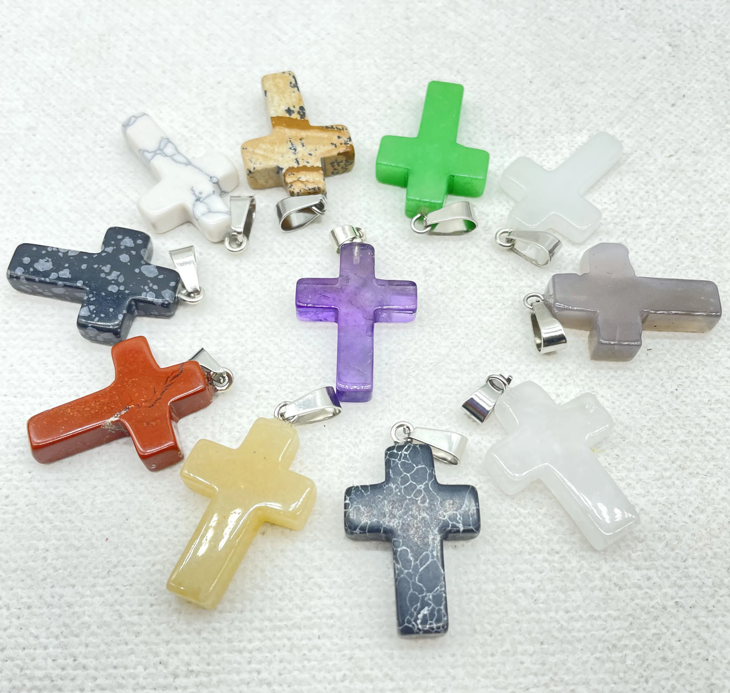 High quality Natural Gem stone Quartz Crystal amethyst Cross pendants for charm Diy Jewelry making Necklaces Accessories 24PCS