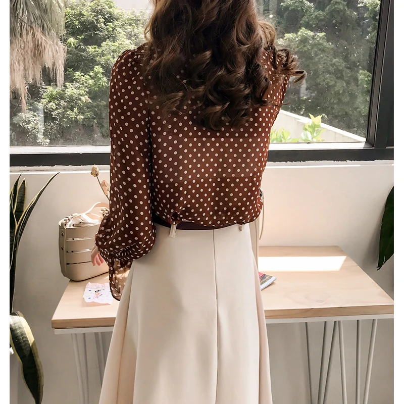 Women Vintage Polka Dot Blouses Female Blouse Tops  2022 Spring Long Sleeve Casual Chiffon Shirt T9N508M