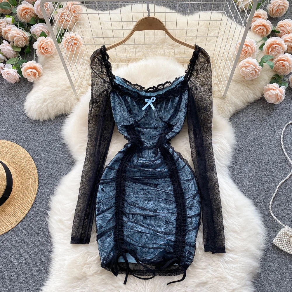 Sexy Hollow Out Floral Lace Mini Bodycon Dress for Women Elegant Square Collar Slim High Waist Drawstring Ruched Party Dresses