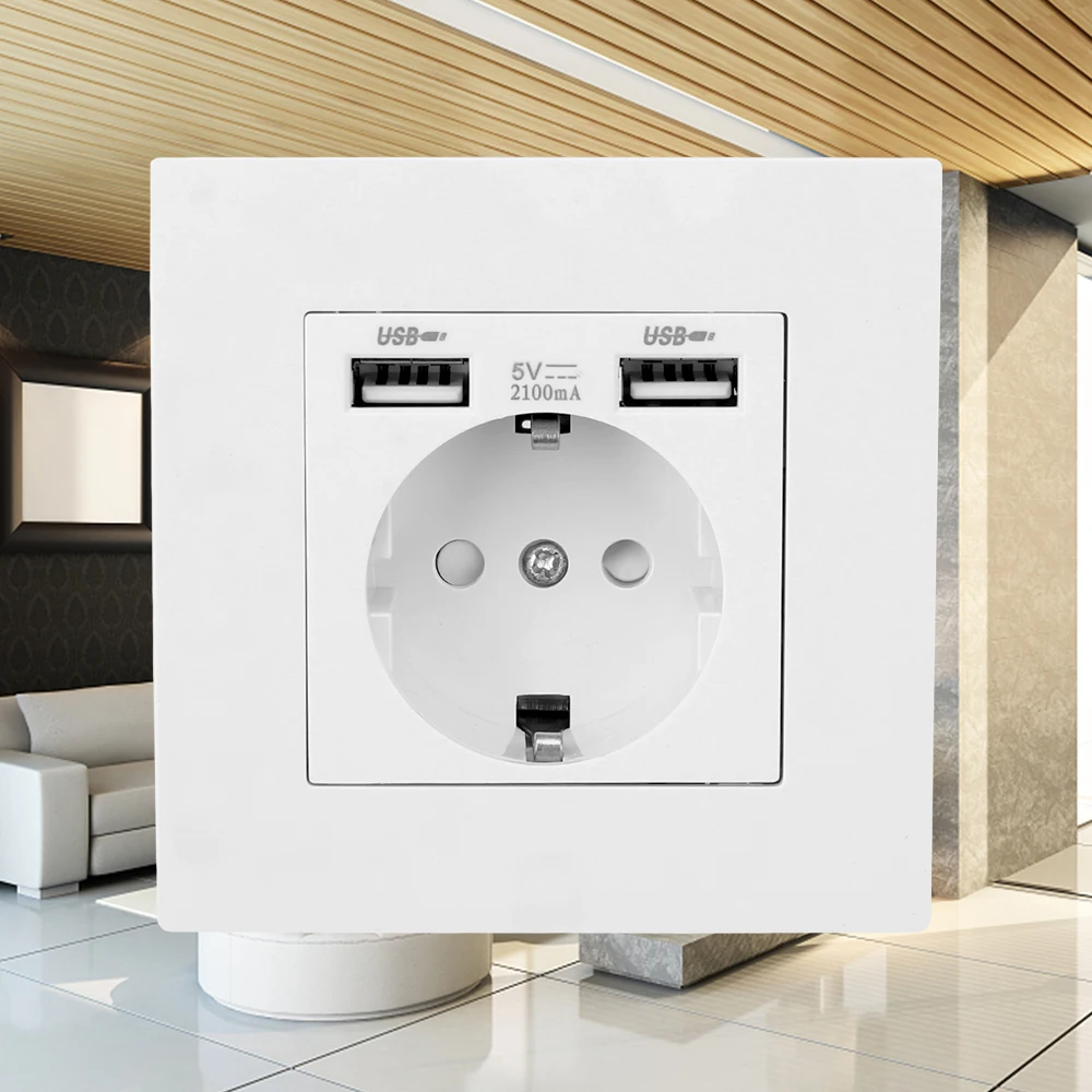 Wall USB Power Socket with USB Chagring Port 5v 2.1A 16A Sockets Grounded 110-250V Power PC Panel