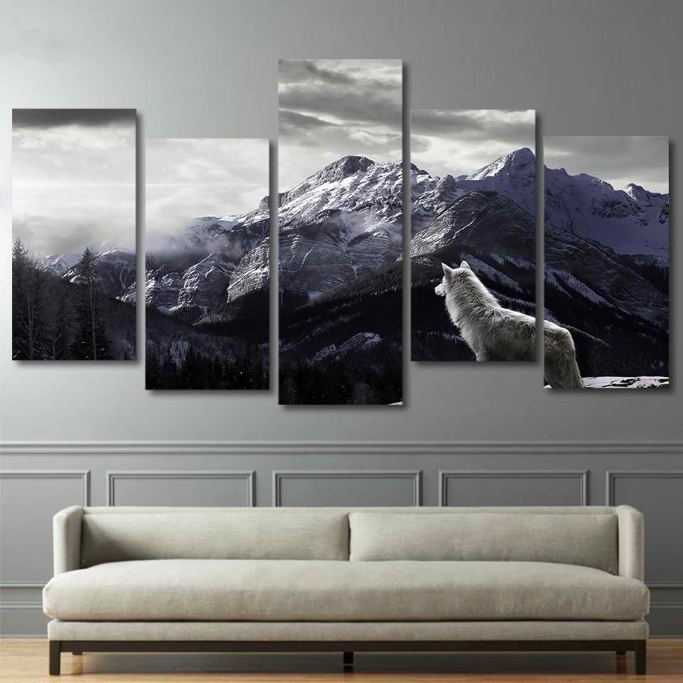 

HD Prints Canvas Wall Art Living Room Home Decor Pictures 5 Pieces Snow Mountain Plateau Wolf Paintings Animal Posters Framework