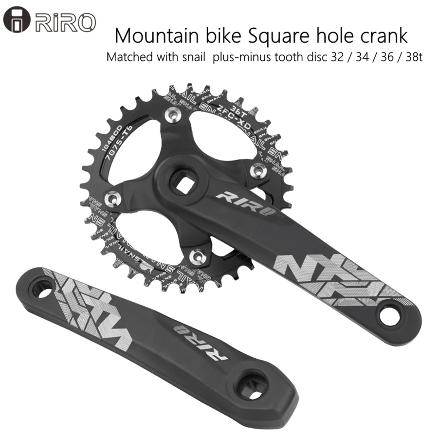 RIRO Bicycle Crankset 104BCD Mountain Bike Square Hole MTB Crank Aluminum Alloy 170/175mm Narrow Wide Single disc 32T34T/36T/38T