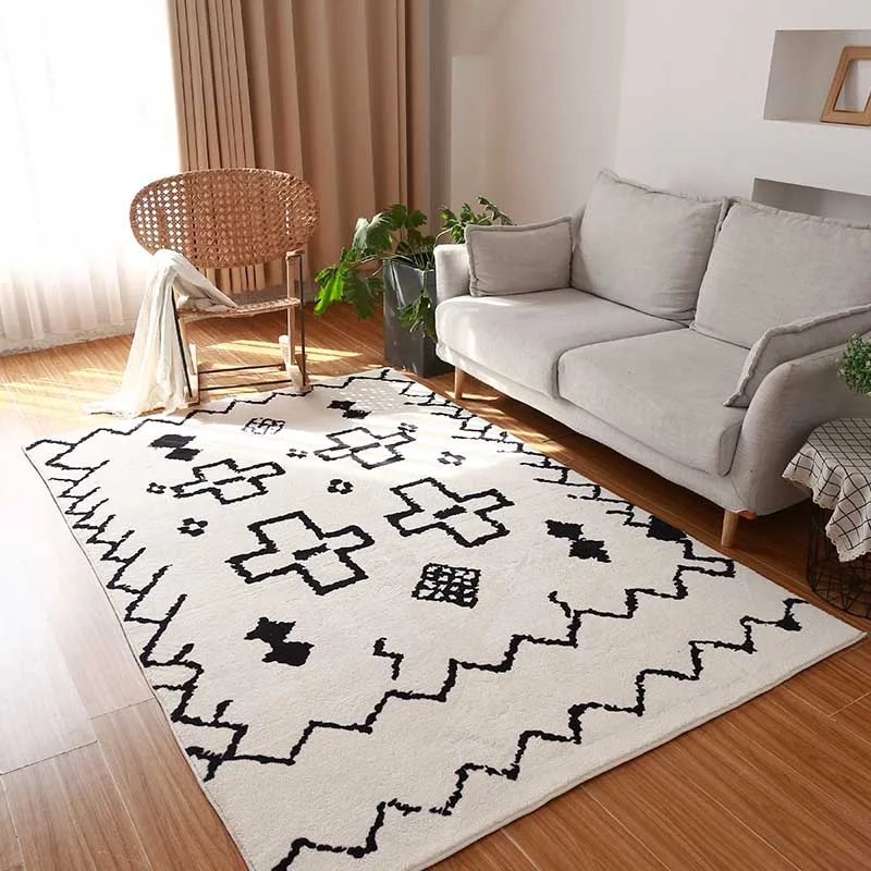 Morocco Style Rugs and Carpets for Living Room, Simple Black and White Bedroom Carpet, Soft Shaggy Sofa, Coffee Table Mat, Home