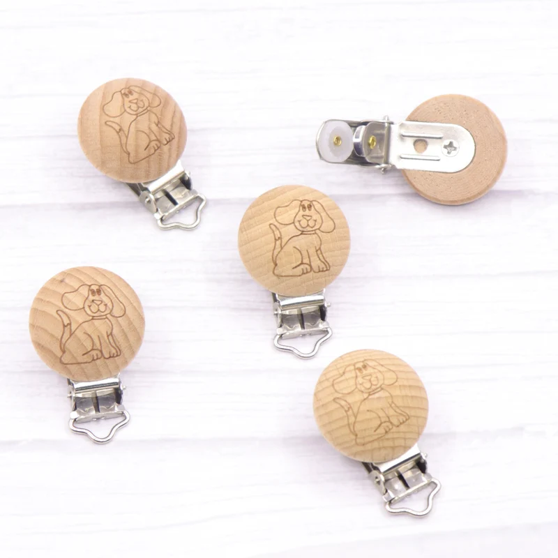 5Pcs Cute dog Wooden Pacifier Clip Beech Pacifier Clips Chewable Teething Diy Dummy Clip Chains Baby Teether Nursing Accessories