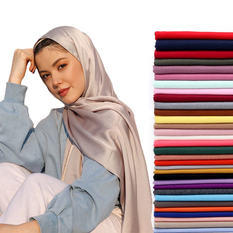 Plain Color luxury silk Scarf Hijab Headband Female Islamic Head Cover Wrap for Women Muslim Hijabs Hair Scarves Headscarf