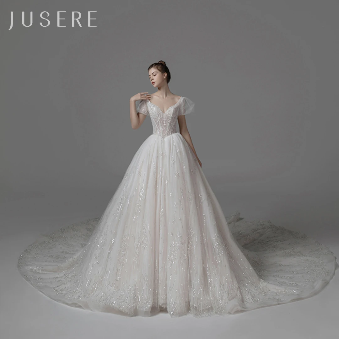 Jusere Sweetheart neckline Crystal Beaded Shinny wedding dress bridal gown puffy sleeves