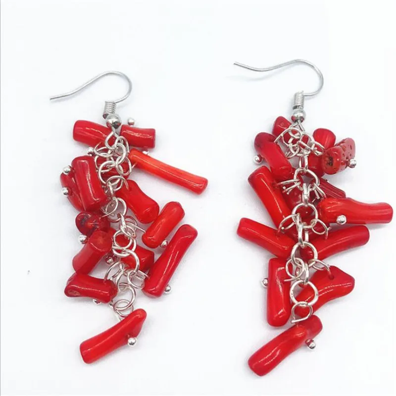 Cluster Irregular Natural Red Coral Bead Hook Earrings For Women Design Fashion Fine Jewelry Gift Dangle Earrings Accessories