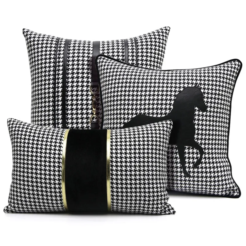 

Embroidered Plaid Cushion Cover Home Decor Luxury Pillow Case Black White Square Sofa Throw Pillow Cover 45x45cm 30x50cm 50x50cm